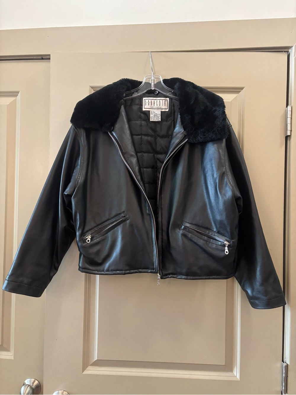 Bernardo Black Faux-Leather Jacket with Plush Faux Fur Collar